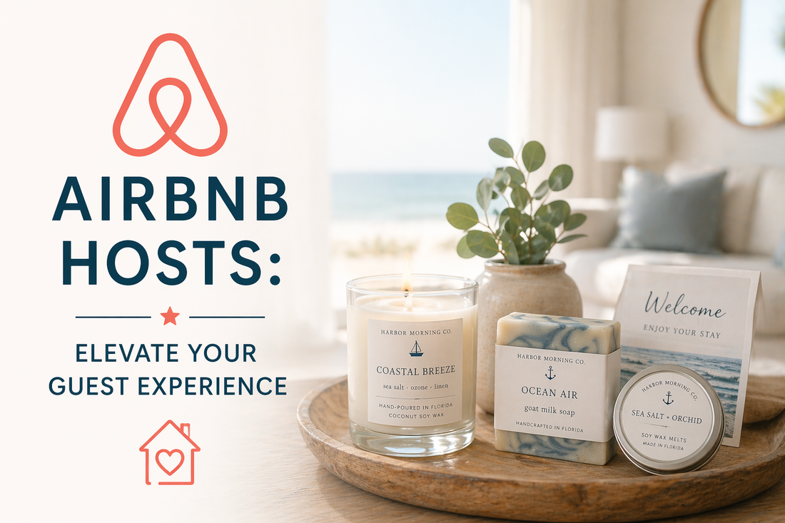 Harbor Morning Co. coastal candle, goat milk soap, and wax melts displayed as Airbnb host gifts on a wooden tray with ocean view