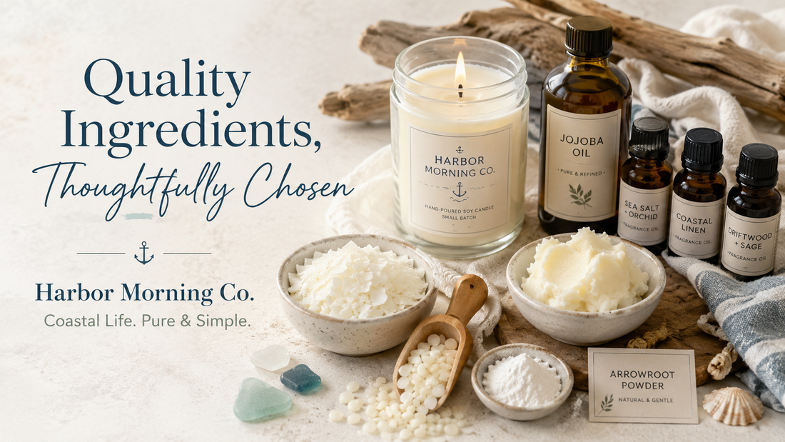 Coastal-style Harbor Morning Co. blog cover featuring a hand-poured soy candle, beeswax, shea butter, jojoba oil, arrowroot powder, fragrance oils, driftwood, and sea glass.