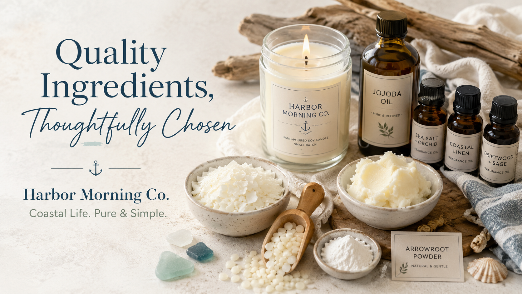 Coastal-style Harbor Morning Co. blog cover featuring a hand-poured soy candle, beeswax, shea butter, jojoba oil, arrowroot powder, fragrance oils, driftwood, and sea glass.