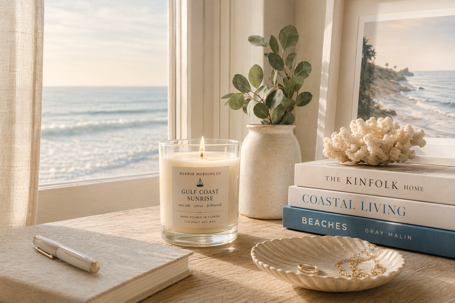 Coastal wellness at home with Harbor Morning Co coastal candles and soaps