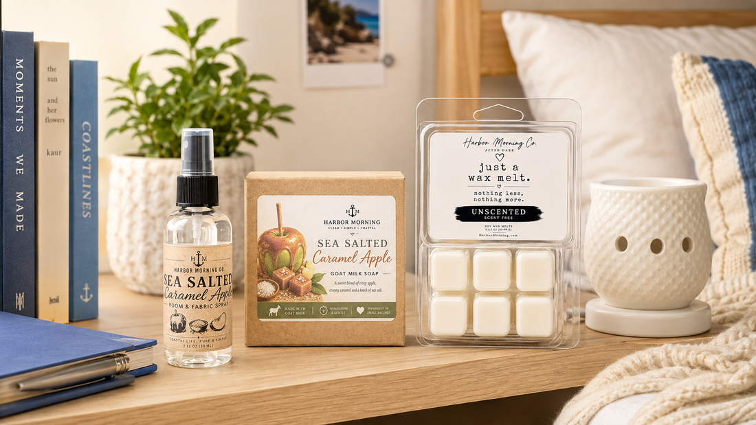 Harbor Morning room spray, goat milk soap, wax melts and electric warmer arranged in a bright dorm room