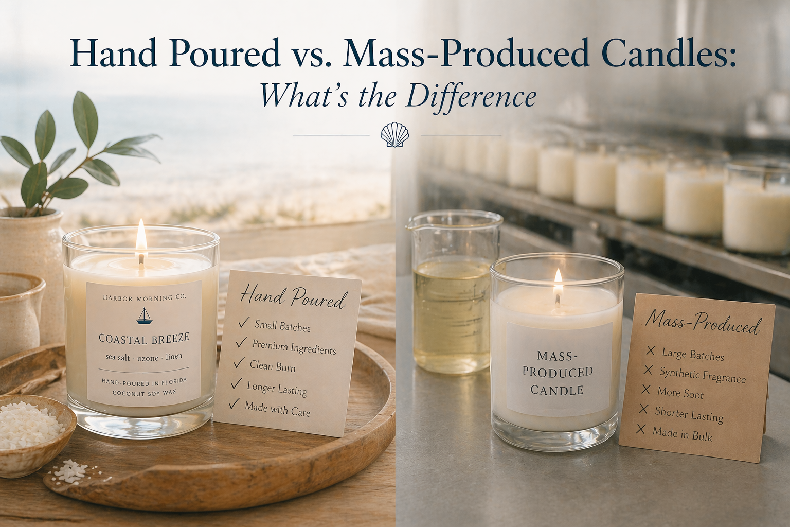 Harbor Morning Co. hand-poured coastal soy candle compared to a mass-produced candle showing the difference in quality, ingredients, and burn performance