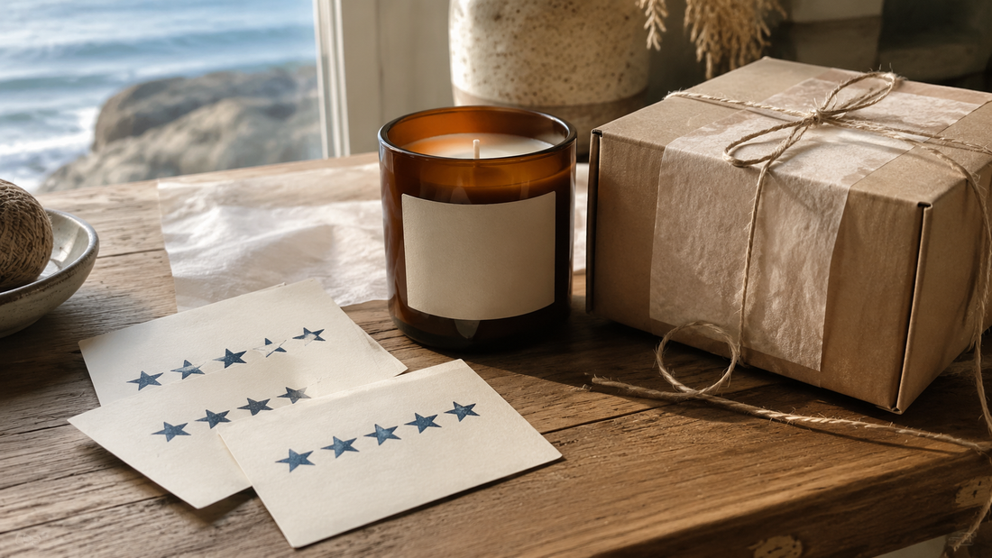 Handwritten five-star customer reviews beside a Harbor Morning style coastal candle and shipping box