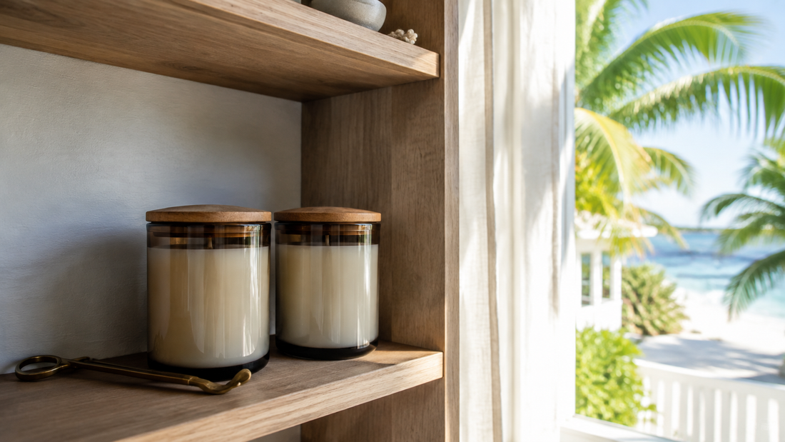 Coastal candle stored upright on a shaded shelf inside a cool Florida home