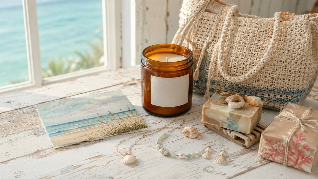 Florida coastal souvenir ideas including a candle postcard soap and woven beach tote