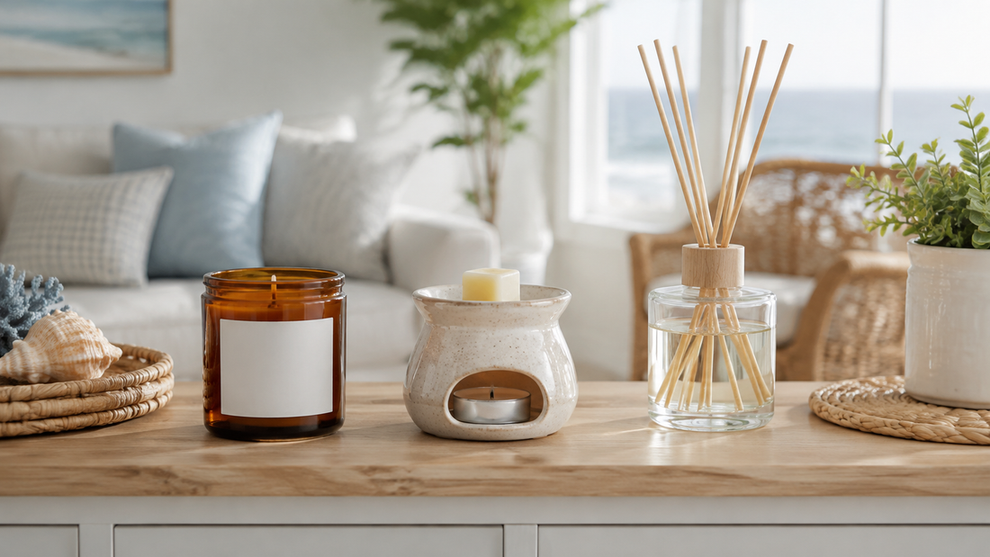 Soy candle ceramic wax warmer and reed diffuser arranged together in a coastal home