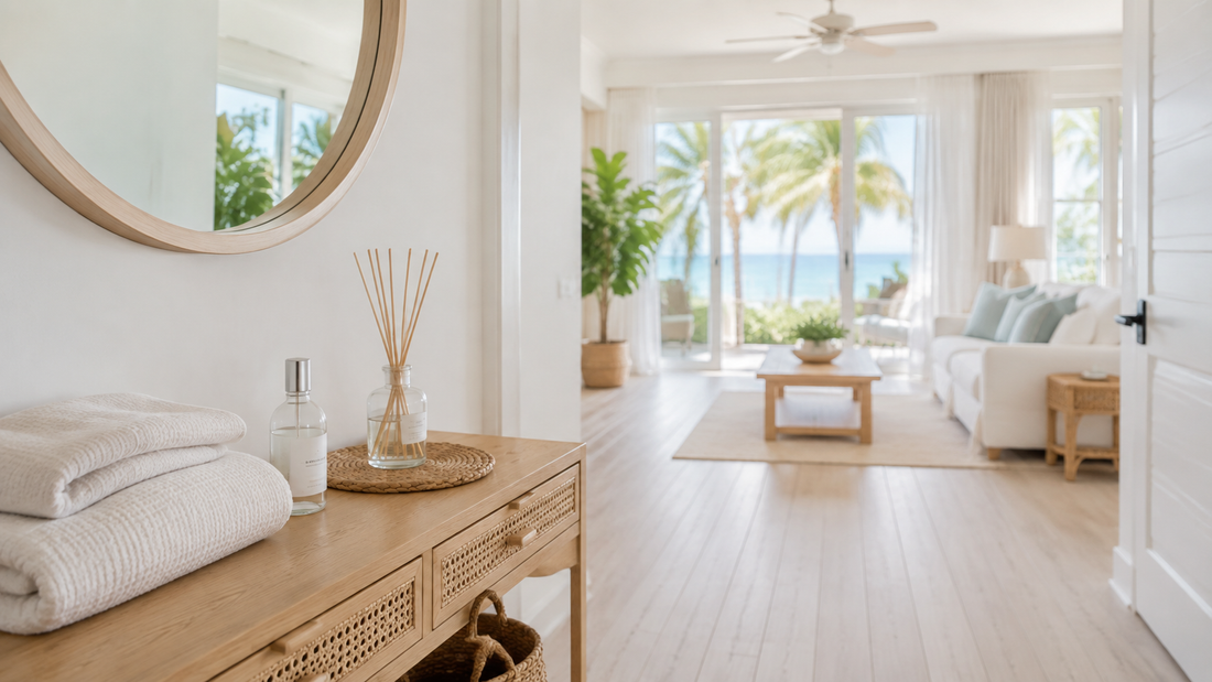 Subtle reed diffuser and room spray in a bright clean Florida vacation rental entryway