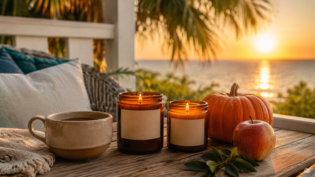 Coastal fall candle with pumpkin apple and coffee beside palm shadows and a Gulf sunset