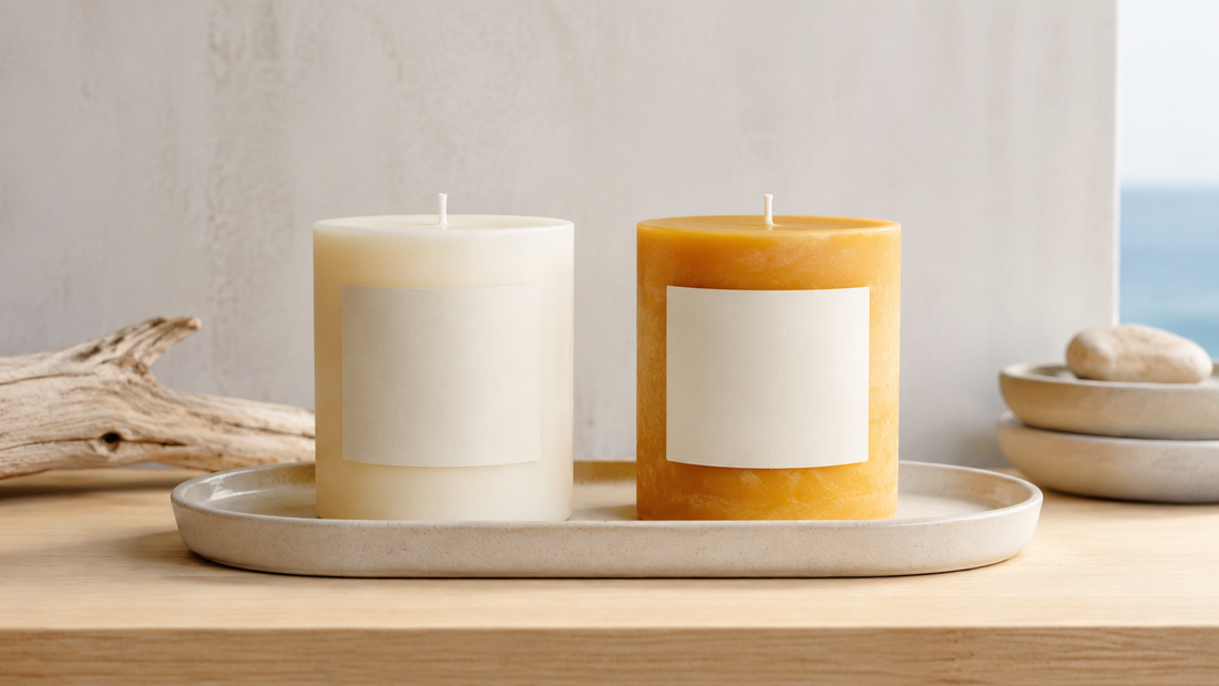Natural golden beeswax candle and ivory unscented candle in a simple fragrance-free setting