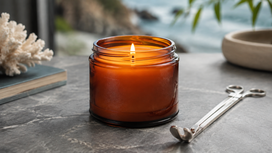 Candle with an even melt pool beside a wick trimmer on a safe coastal tabletop