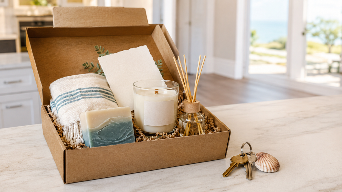 Coastal realtor closing gift box with candle soap diffuser blank card and new home keys