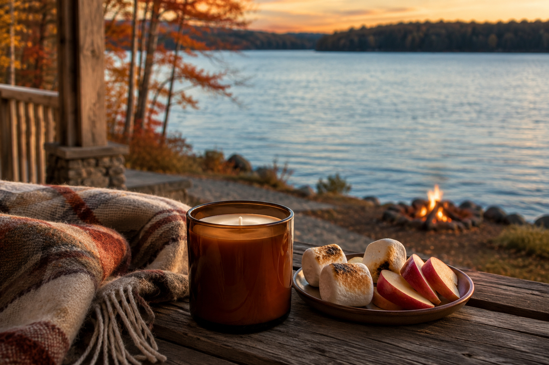 Unlit amber candle with toasted marshmallows and apples beside a Michigan lake