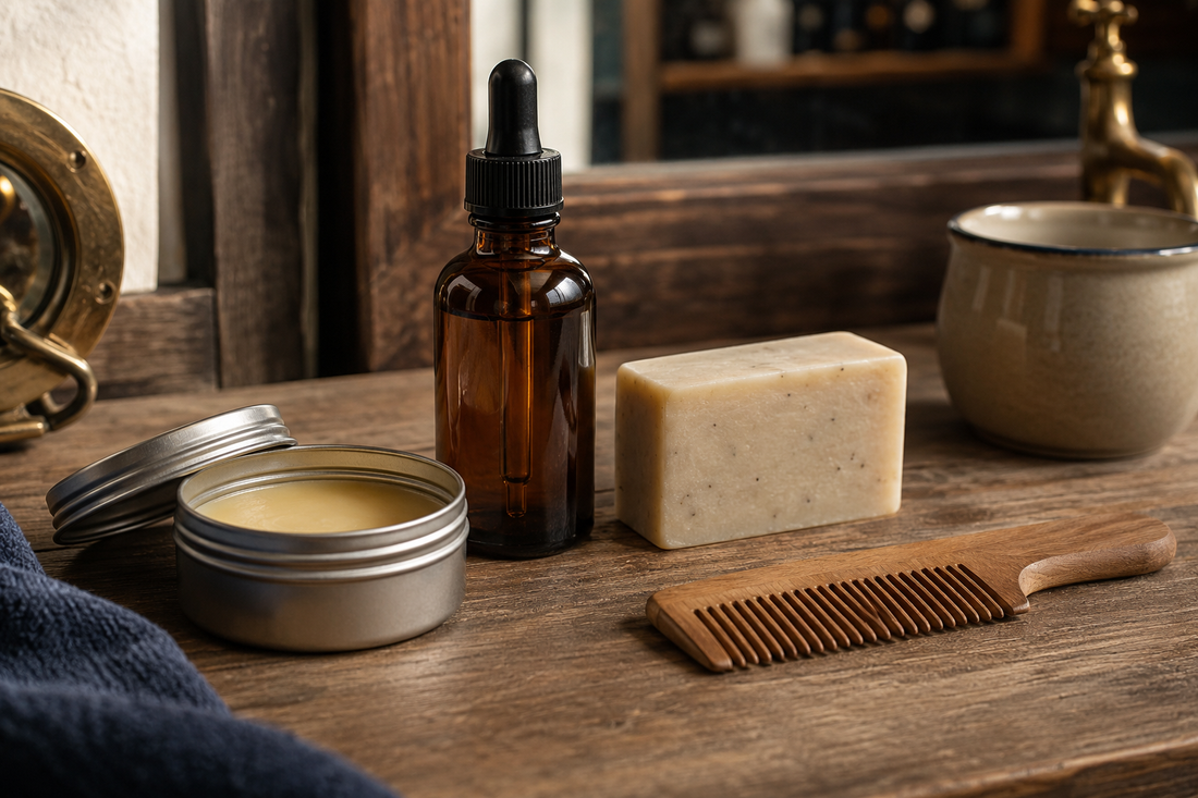 Beard balm beard oil soap and comb on a coastal barbershop counter