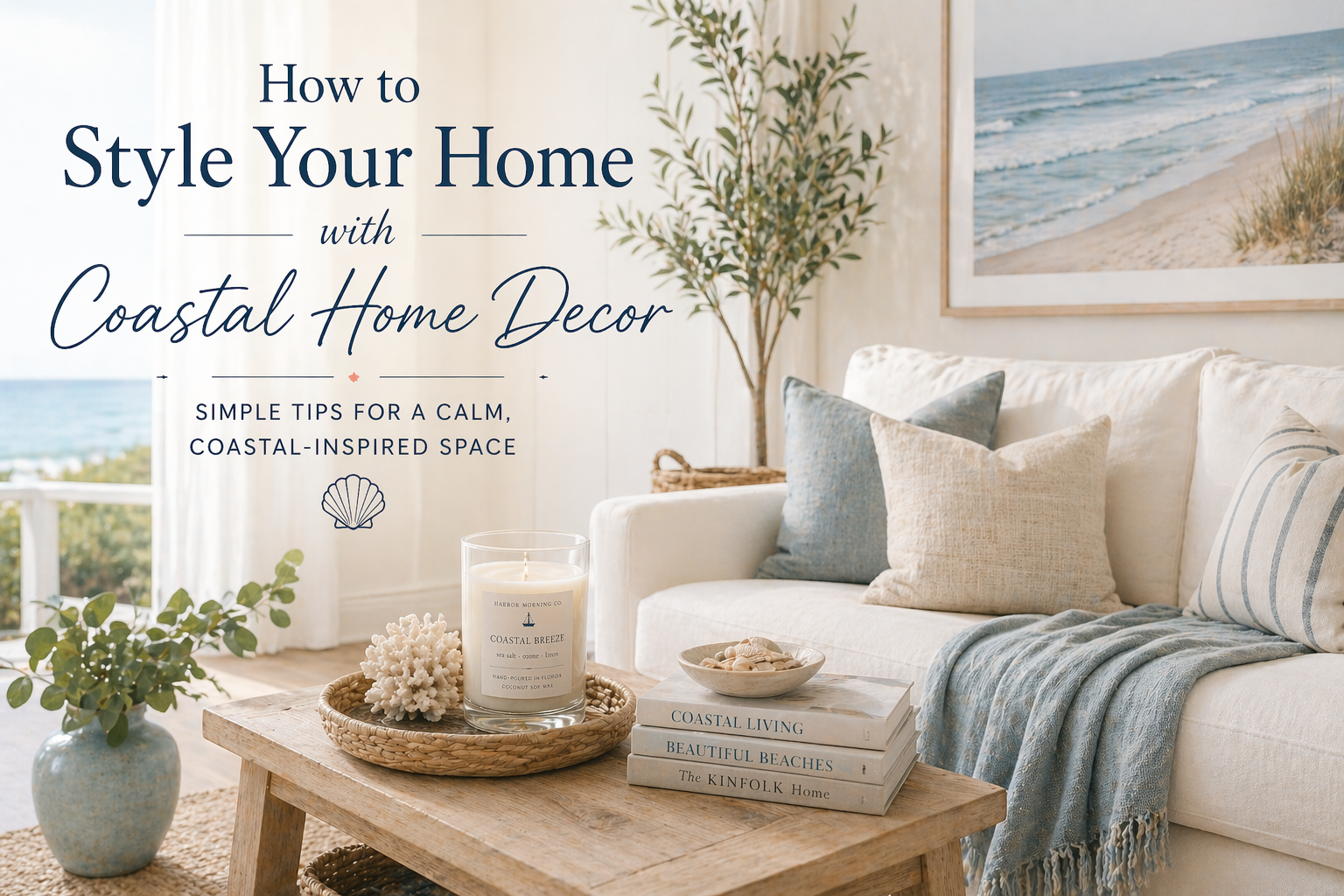 Harbor Morning Co. Coastal Breeze candle styled on a wooden coffee table in a light coastal living room with ocean view, linen cushions, and natural textures
