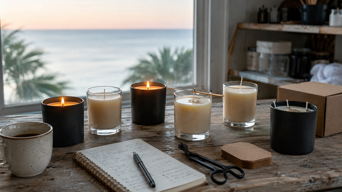 Six handmade Harbor Morning candles on a coastal workshop table at sunrise with a testing notebook and packing supplies