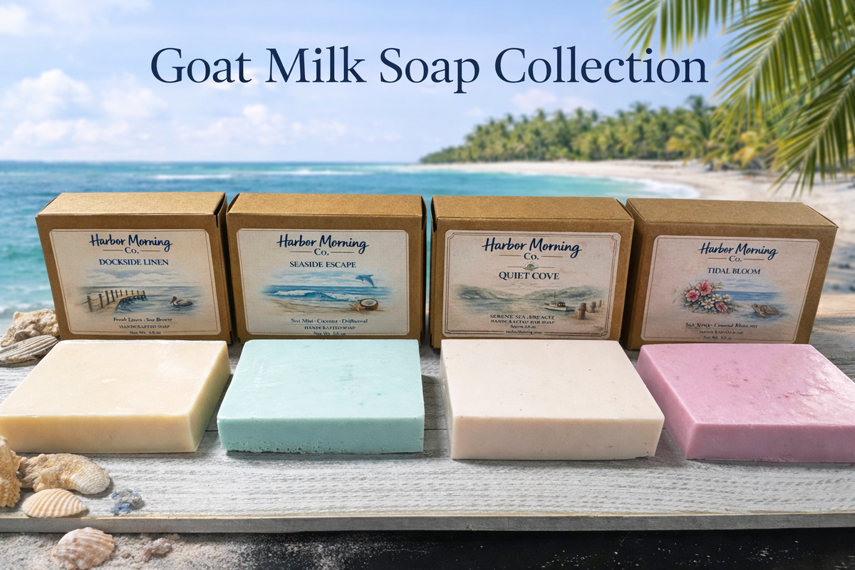Harbor Morning Co handcrafted goat milk soap collection banner featuring Dockside Linen, Seaside Escape, Quiet Cove, and Tidal Bloom bar soaps on a weathered wood surface with seashells and a tropical coastal beach background