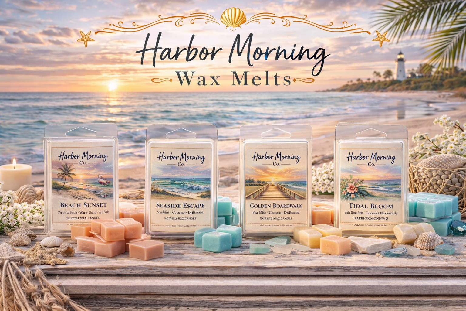Harbor Morning Wax Melts displayed on a coastal wooden table at sunrise, featuring multiple pastel-colored scents with labeled packaging, surrounded by seashells and driftwood, with a calm ocean beach background.