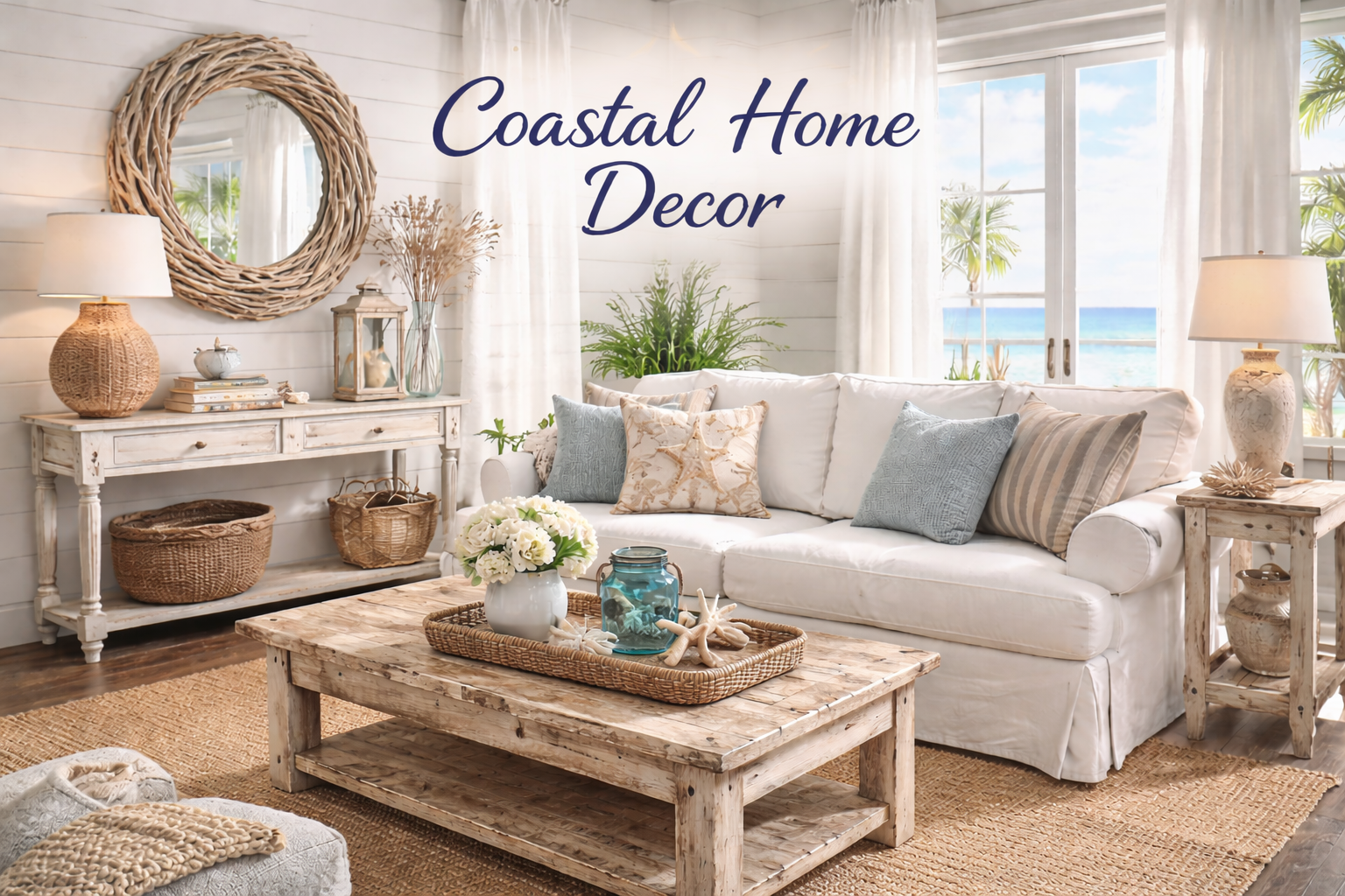 Bright coastal living room decor featuring a white sofa, woven textures, wood furniture, and beach accents, with ocean views through large windows and “Coastal Home Decor” text.