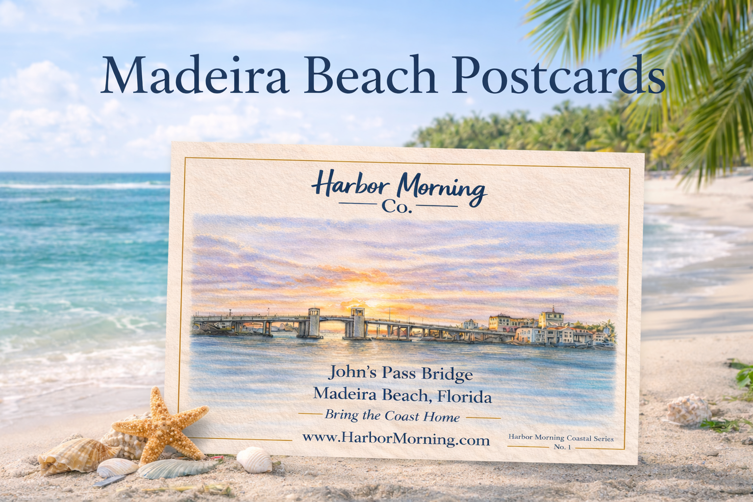 Madeira Beach postcards featuring a coastal sunset pier design by Harbor Morning Co., displayed on sand with seashells and a tropical ocean beach background.