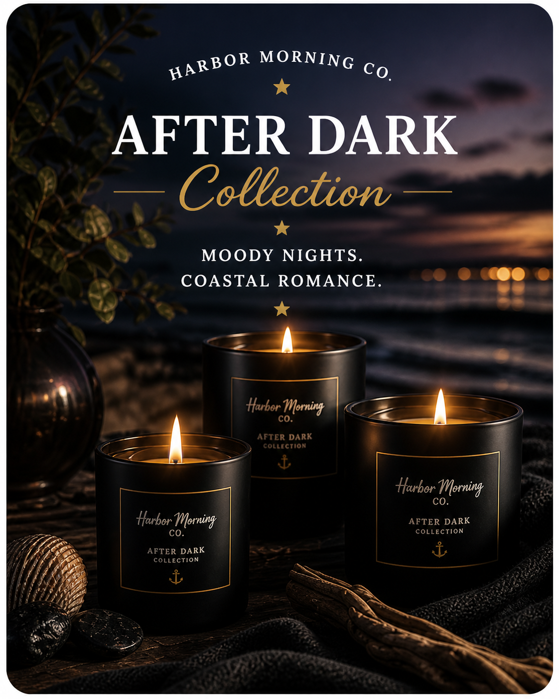 Harbor Morning - After Hours Collection - Coastal Romance - Moody Nights - Black Candles on a dark beach after sunset with very little light