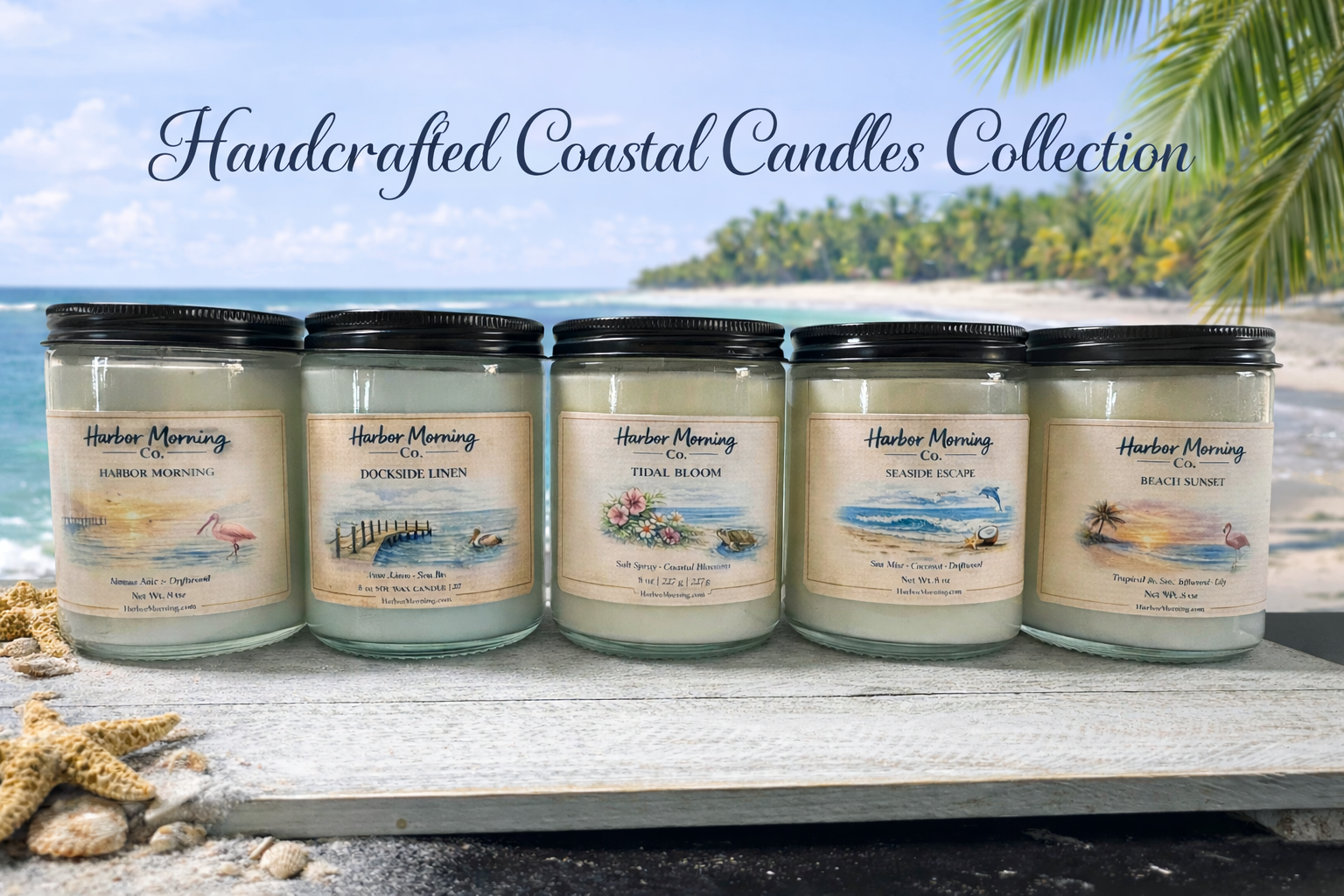 Handcrafted coastal candles collection featuring multiple Harbor Morning jars lined on a wooden surface by the beach, with seashell accents and a calm ocean shoreline in the background.