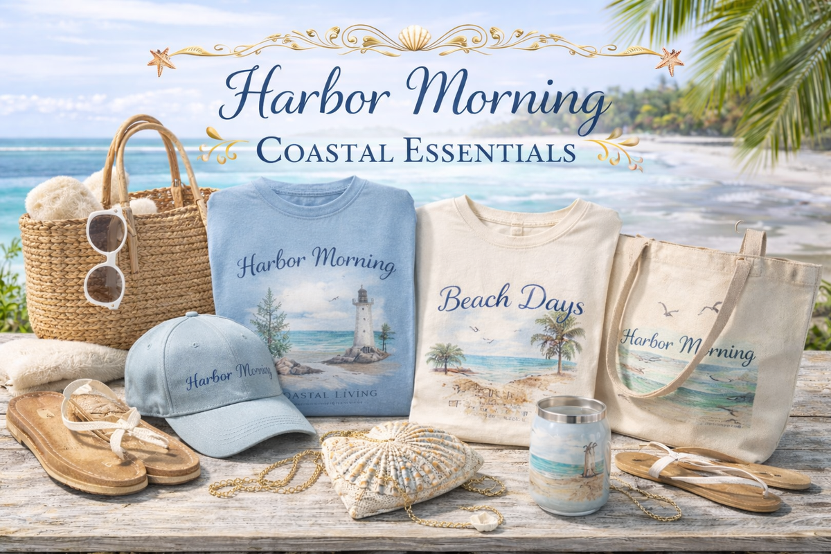 Harbor Morning coastal essentials display featuring tote bags, a t-shirt, hat, candle, and beach accessories arranged on a wooden surface with seashells, set against a sunny ocean beach background.