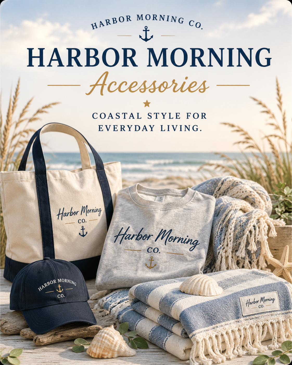 Madeira Beach collection featuring a tote bag, t-shirt, and postcard with tropical sunset and palm tree designs, displayed on sand with seashells and an ocean beach background.