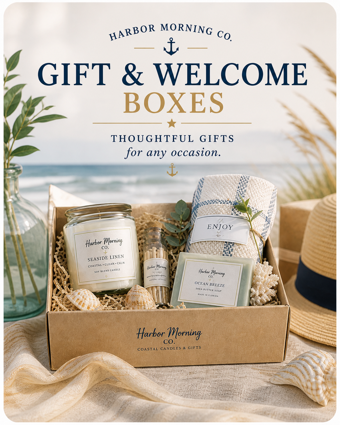 Harbor Morning Co coastal gift sets and welcome boxes collection banner featuring the Coastal Welcome Box and Founder Batch Gift Box with pelicans on a coastal background
