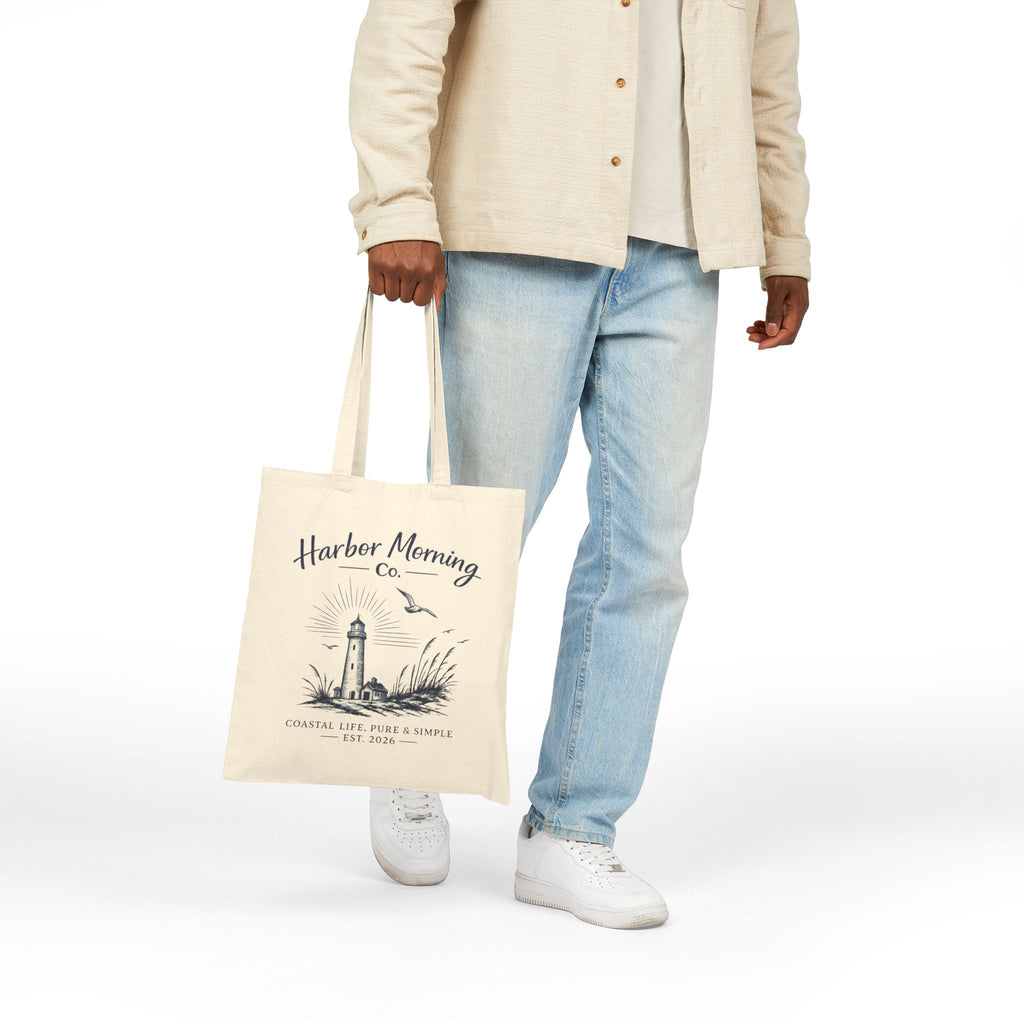 Harbor Morning Tote Bag – Coastal Lighthouse Canvas Tote, Beach & Everyday Carryall