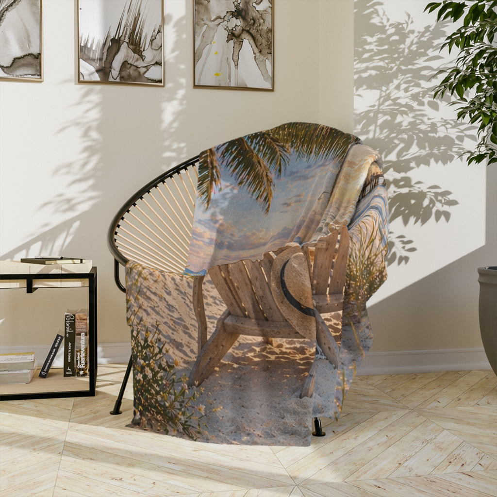 Coastal Beach Chair Throw Blanket | Sunset Ocean Scene | Soft Velveteen Blanket for Home & Gift