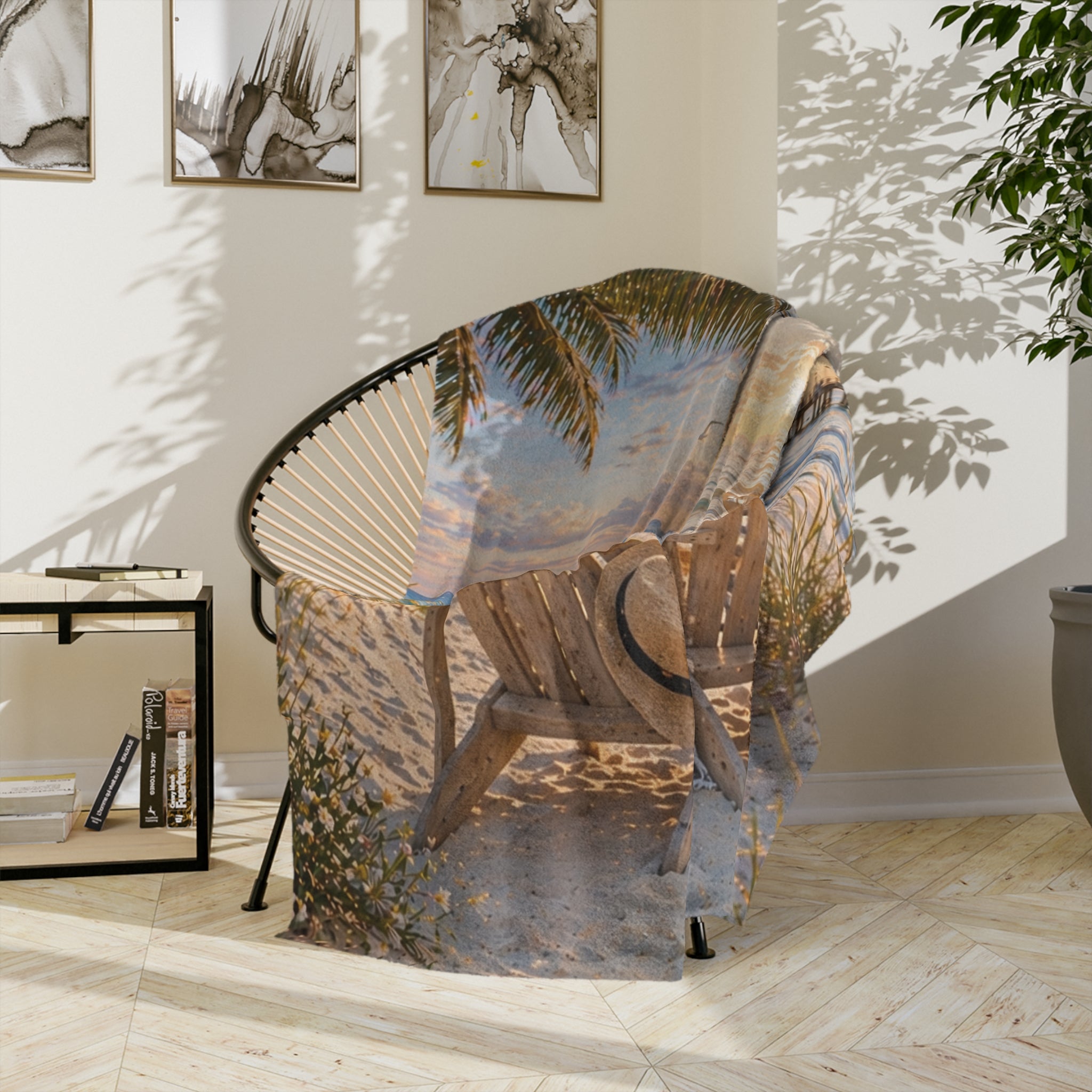 Coastal Beach Chair Throw Blanket | Sunset Ocean Scene | Soft Velveteen Blanket for Home & Gift
