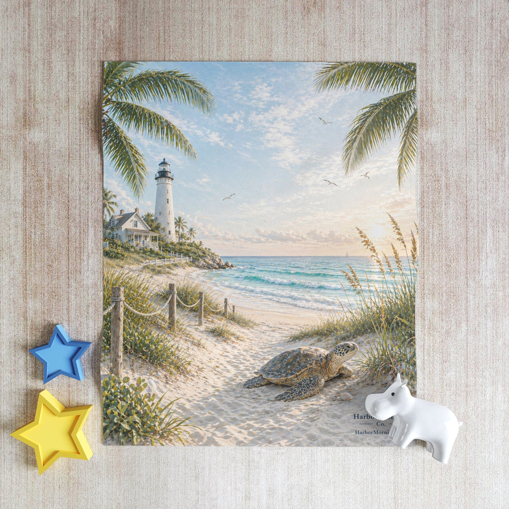 Coastal Throw Blanket with Sea Turtle & Lighthouse | Soft Beach Scene Blanket | Nautical Coastal Home Decor Gift