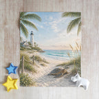 Coastal Throw Blanket with Sea Turtle & Lighthouse | Soft Beach Scene Blanket | Nautical Coastal Home Decor Gift