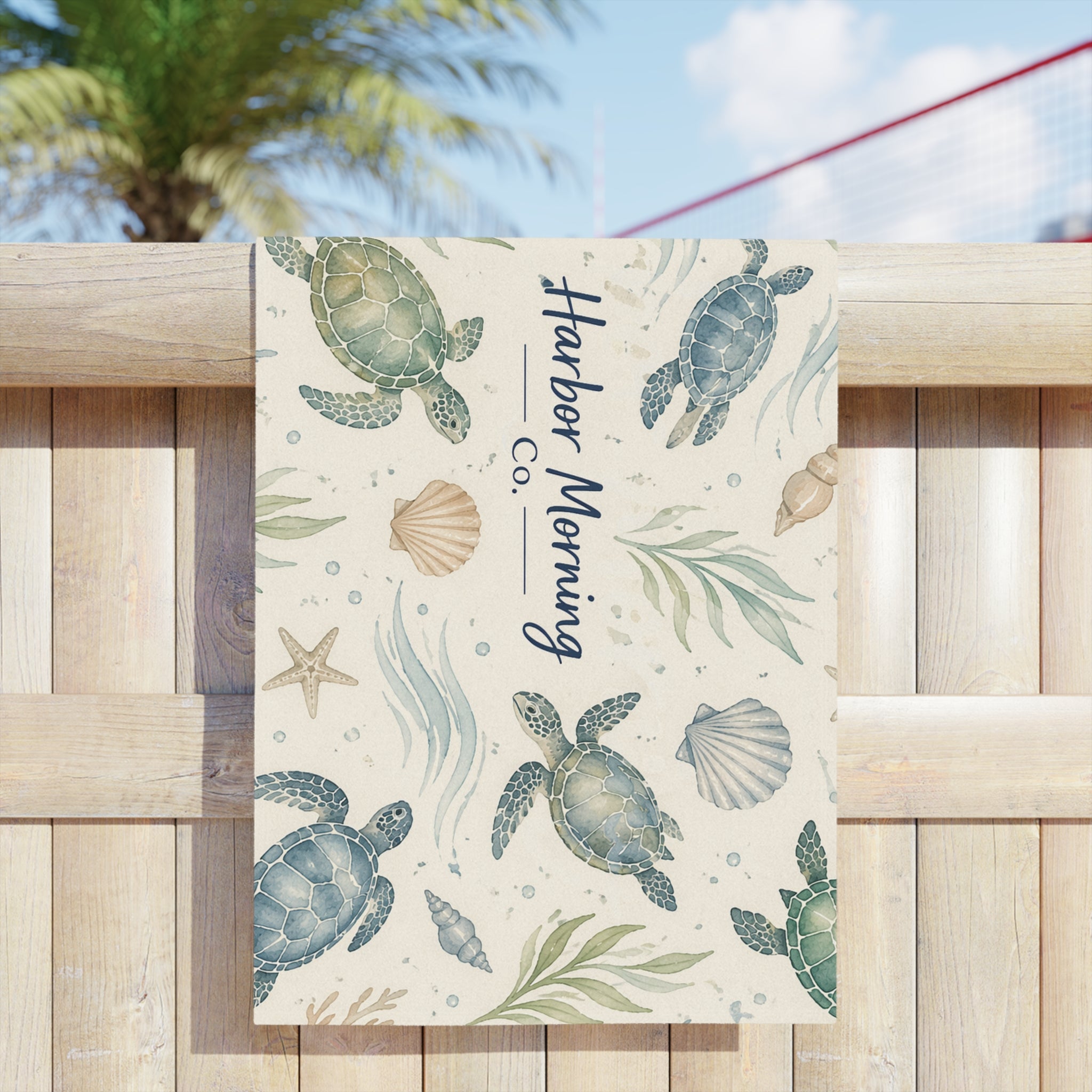 Coastal Sea Turtle Beach Towel | Watercolor Ocean Pattern | Nautical Beach Towel | Harbor Morning Co.