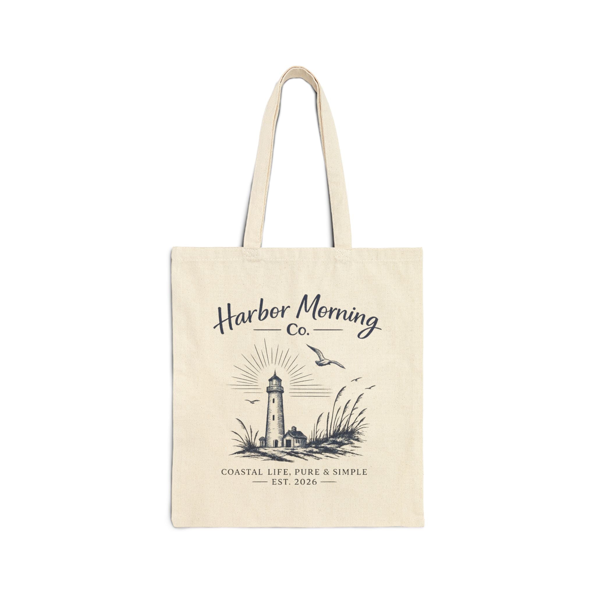 Harbor Morning Tote Bag – Coastal Lighthouse Canvas Tote, Beach & Everyday Carryall