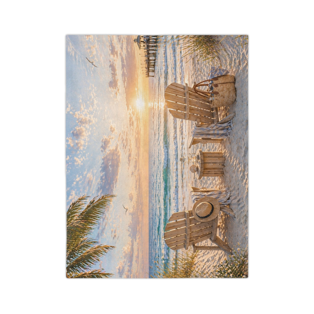 Coastal Beach Chair Throw Blanket | Sunset Ocean Scene | Soft Velveteen Blanket for Home & Gift