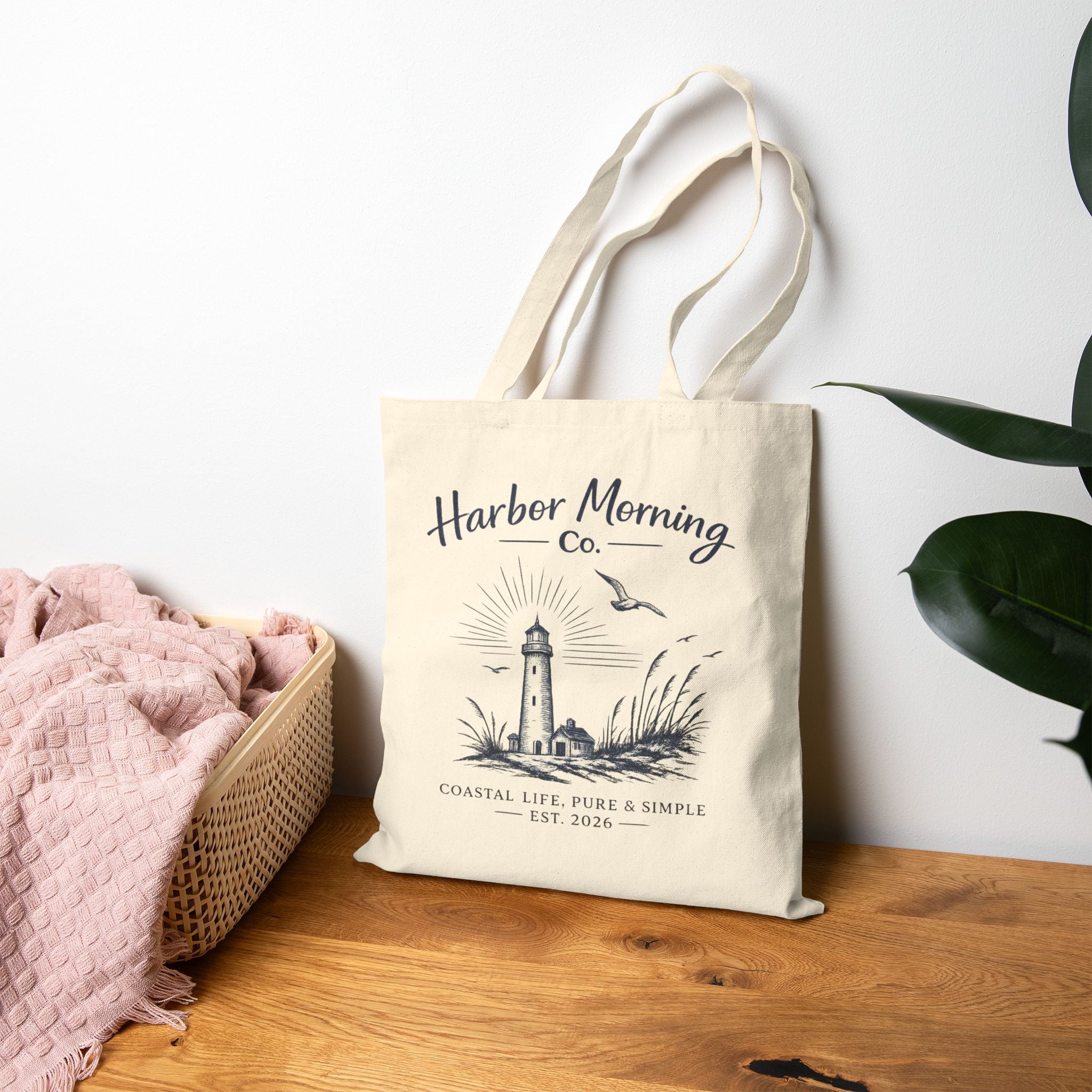 Harbor Morning Tote Bag – Coastal Lighthouse Canvas Tote, Beach & Everyday Carryall