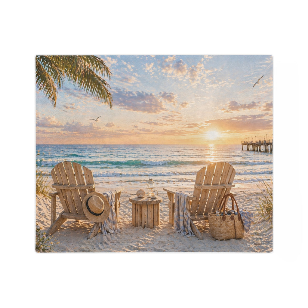 Coastal Beach Chair Throw Blanket | Sunset Ocean Scene | Soft Velveteen Blanket for Home & Gift