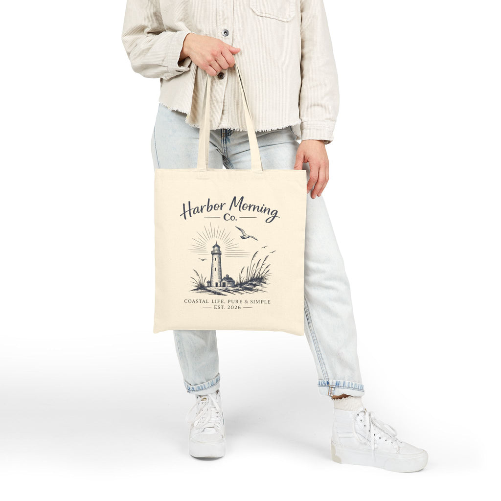 Harbor Morning Tote Bag – Coastal Lighthouse Canvas Tote, Beach & Everyday Carryall