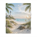Coastal Throw Blanket with Sea Turtle & Lighthouse | Soft Beach Scene Blanket | Nautical Coastal Home Decor Gift