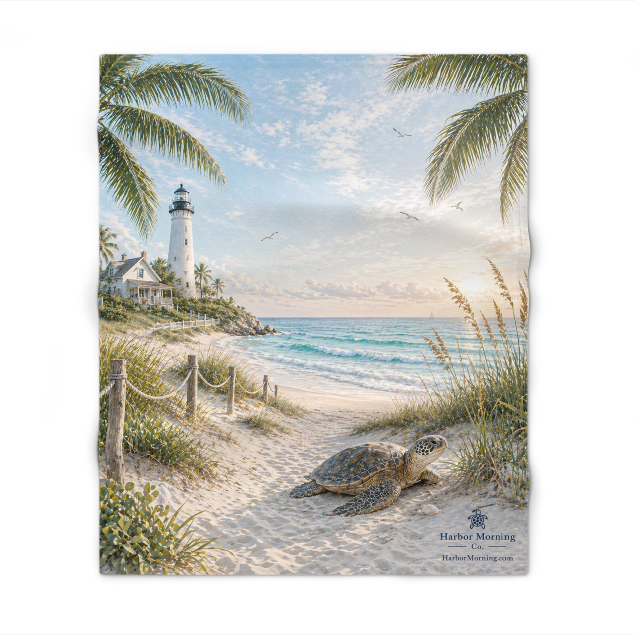 Coastal Throw Blanket with Sea Turtle & Lighthouse | Soft Beach Scene Blanket | Nautical Coastal Home Decor Gift