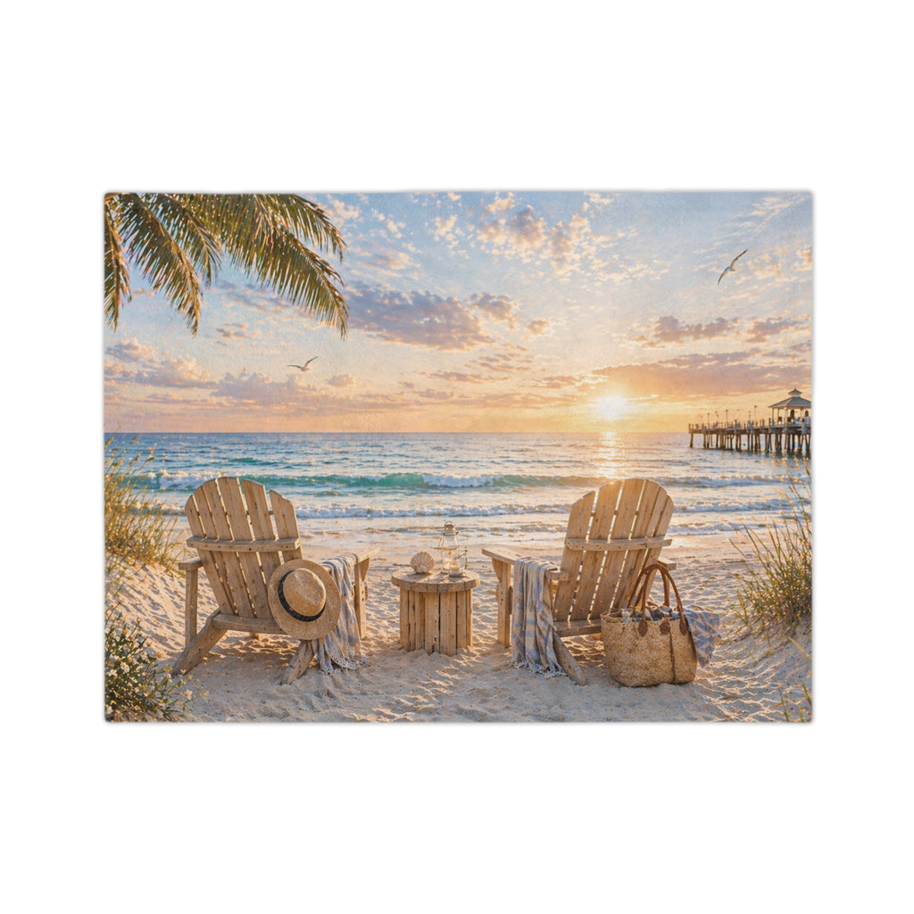 Coastal Beach Chair Throw Blanket | Sunset Ocean Scene | Soft Velveteen Blanket for Home & Gift