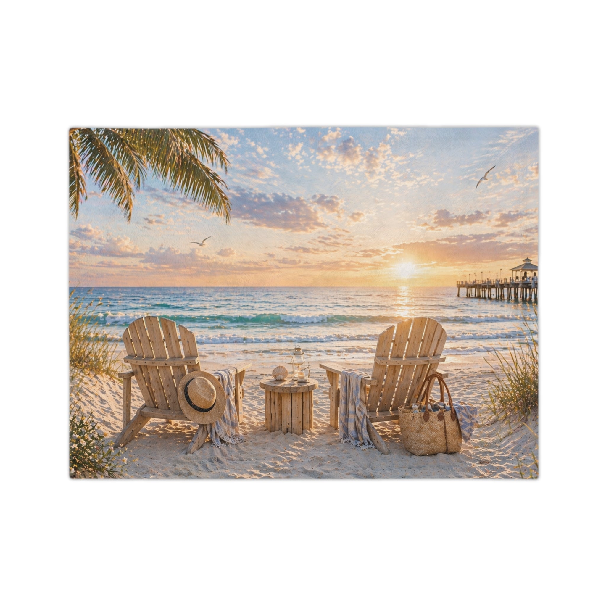 Coastal Beach Chair Throw Blanket | Sunset Ocean Scene | Soft Velveteen Blanket for Home & Gift