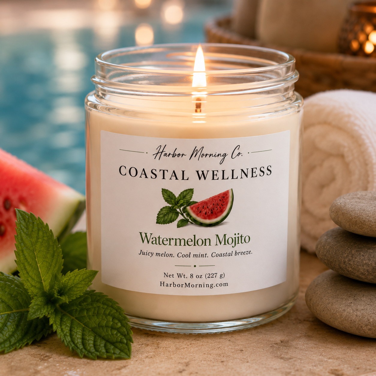 Watermelon Mojito soy candle from the Coastal Wellness Collection by Harbor Morning Co.
