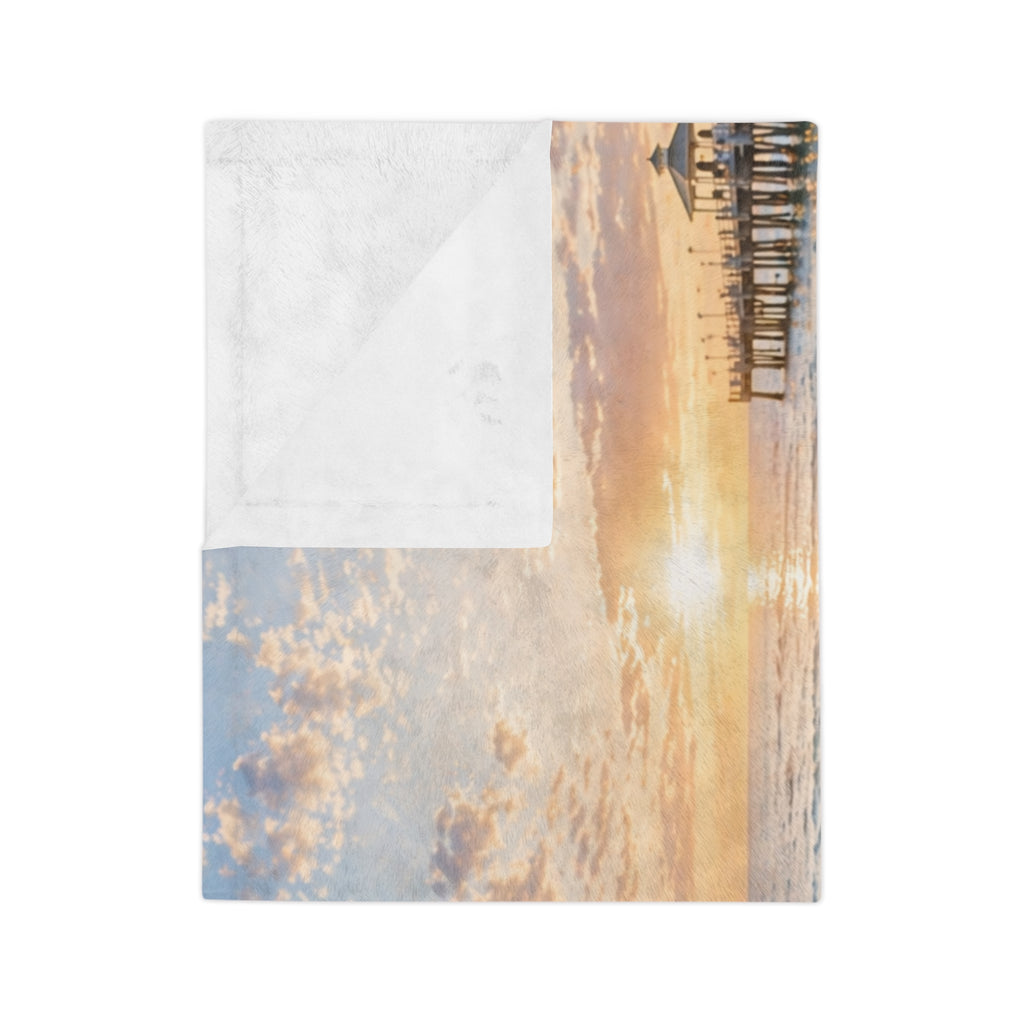 Coastal Beach Chair Throw Blanket | Sunset Ocean Scene | Soft Velveteen Blanket for Home & Gift