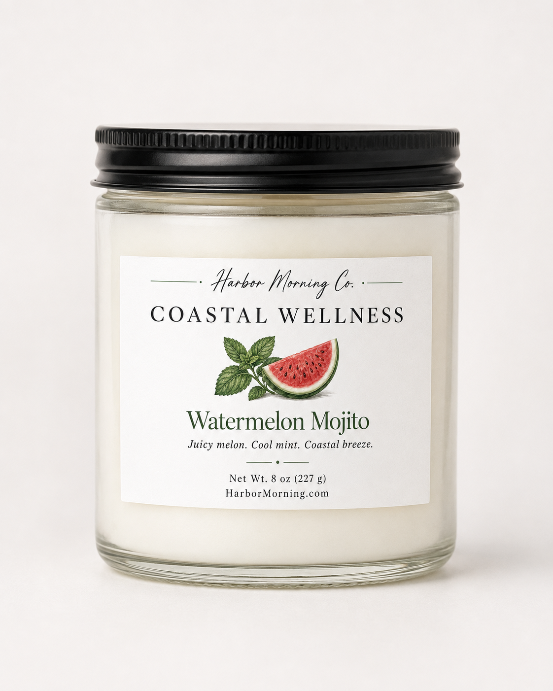 Watermelon Mojito soy candle in a fresh summery coastal setting
