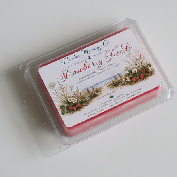 Strawberry Fields scented soy wax melts in clamshell packaging