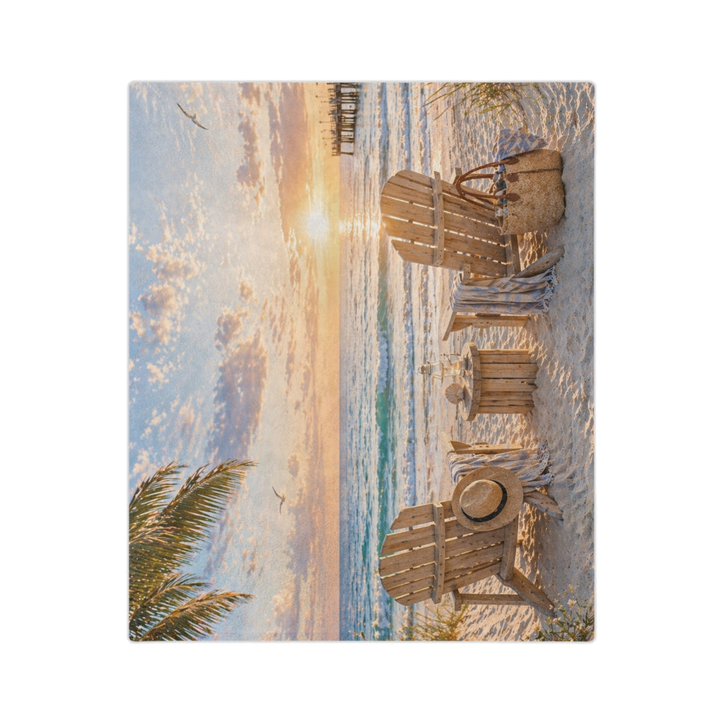 Coastal Beach Chair Throw Blanket | Sunset Ocean Scene | Soft Velveteen Blanket for Home & Gift