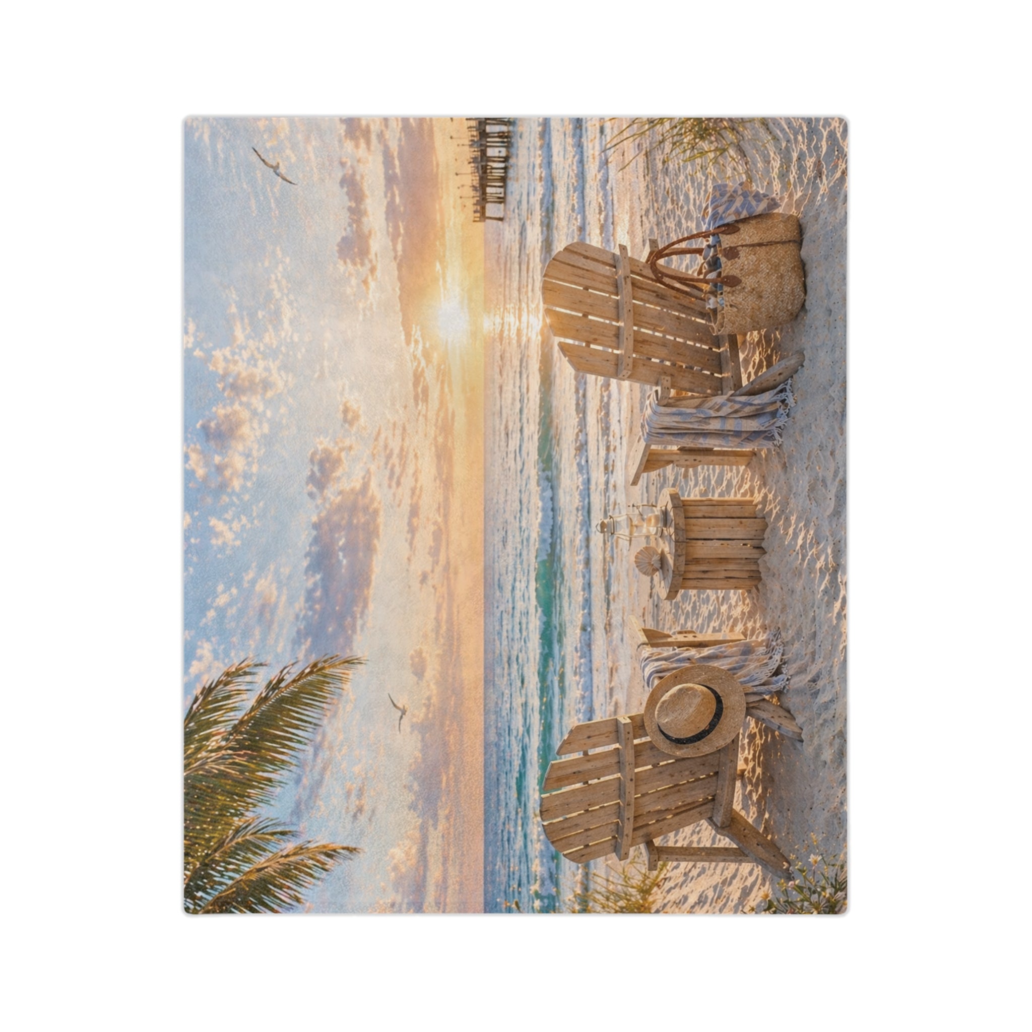 Coastal Beach Chair Throw Blanket | Sunset Ocean Scene | Soft Velveteen Blanket for Home & Gift