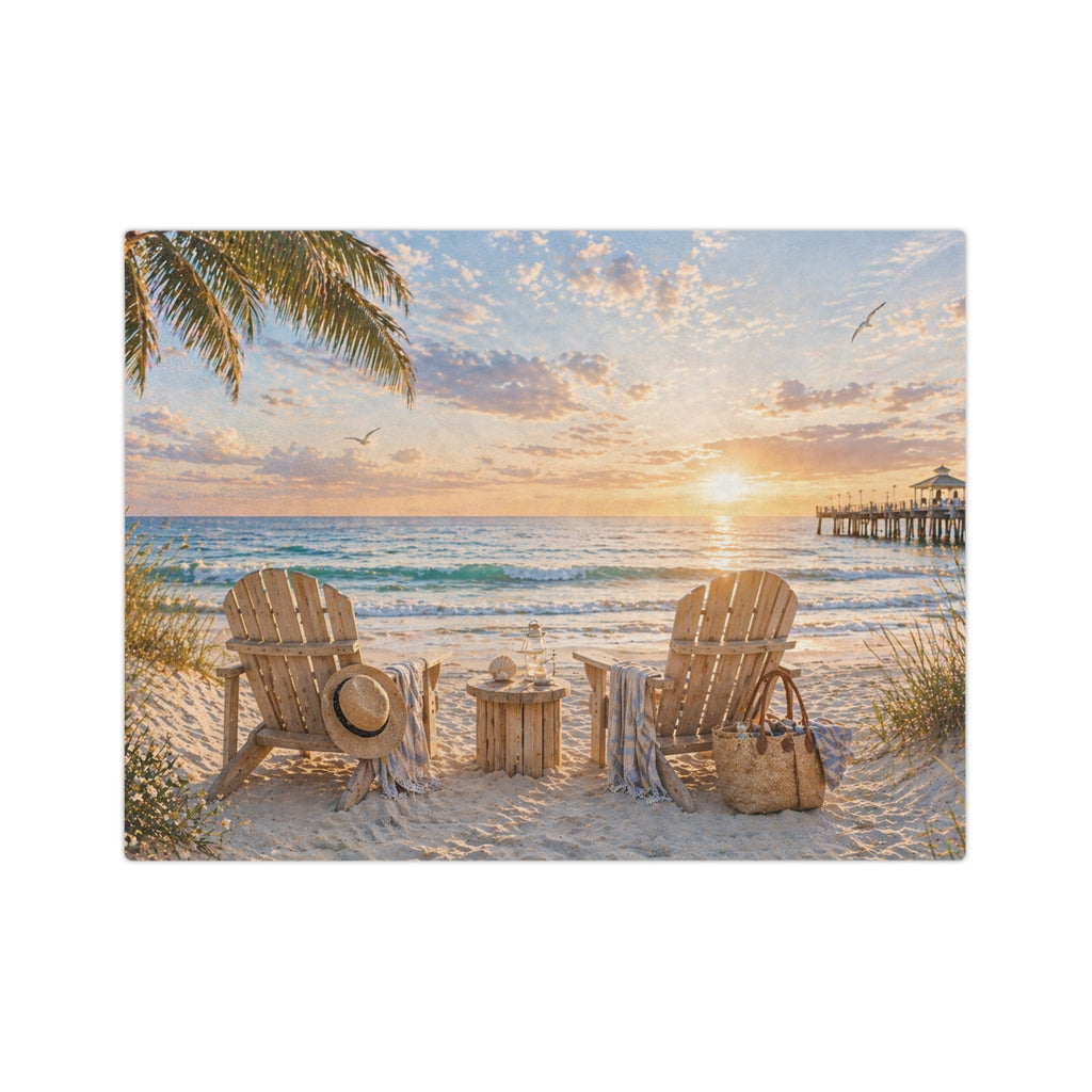Coastal Beach Chair Throw Blanket | Sunset Ocean Scene | Soft Velveteen Blanket for Home & Gift